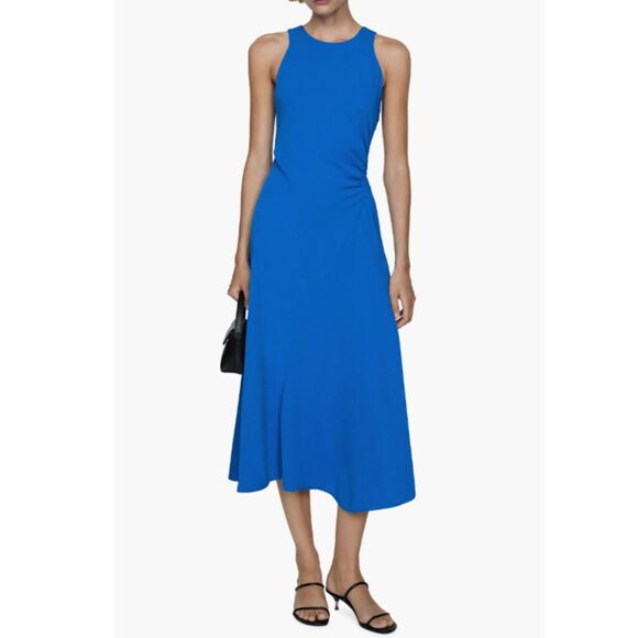 MNG MANGO Sleeveless Ruched Sinched Waist Midi Dress Blue Size 2 - Picture 1 of 10